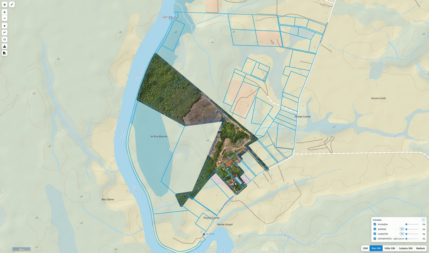Orthophoto de parcelles agricoles sur le fond de carte IGN