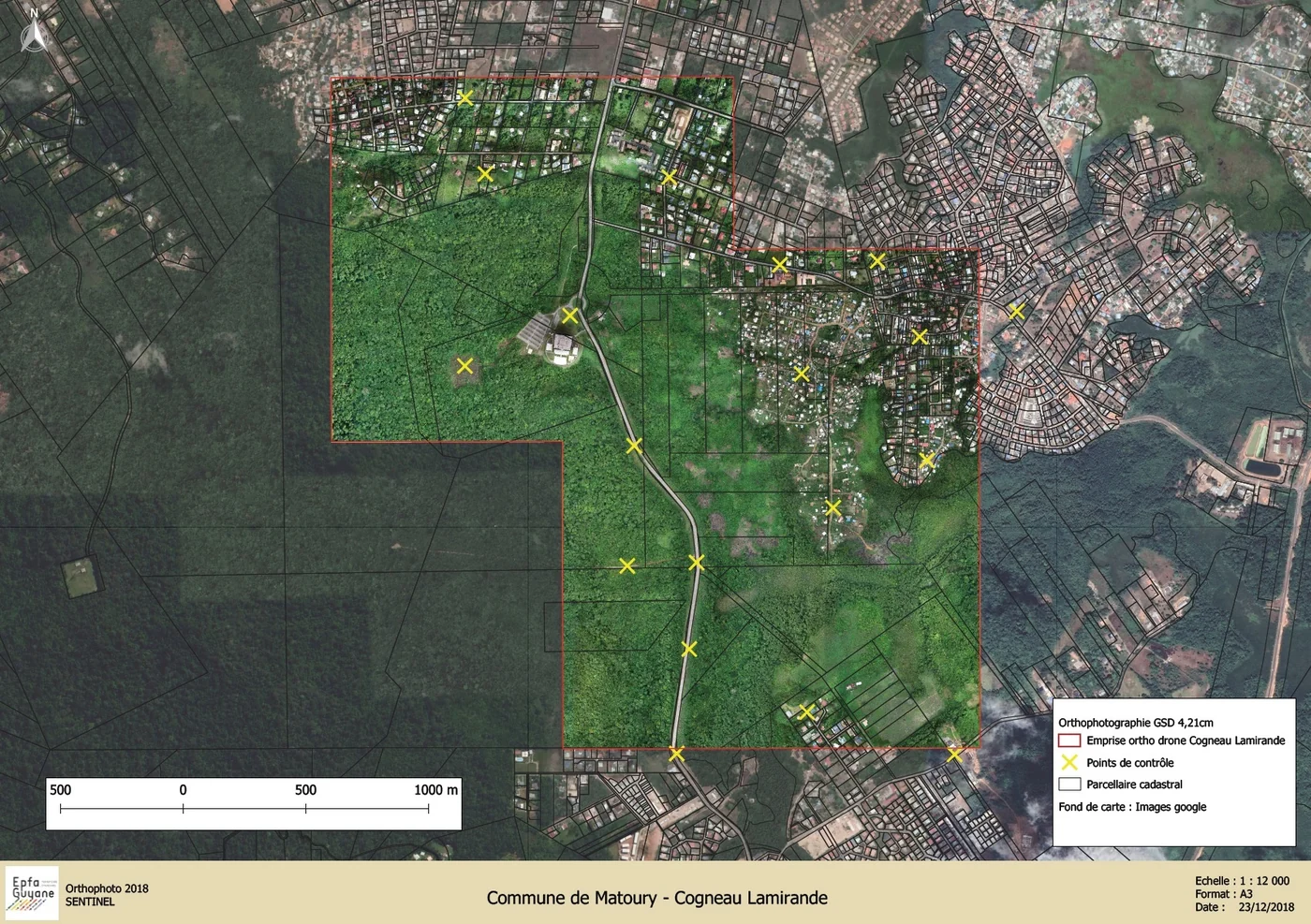 Cogneau-Lamirande, à Matoury : mise en plan d’une orthophoto réalisée pour l’EPFA Guyane en 2018
