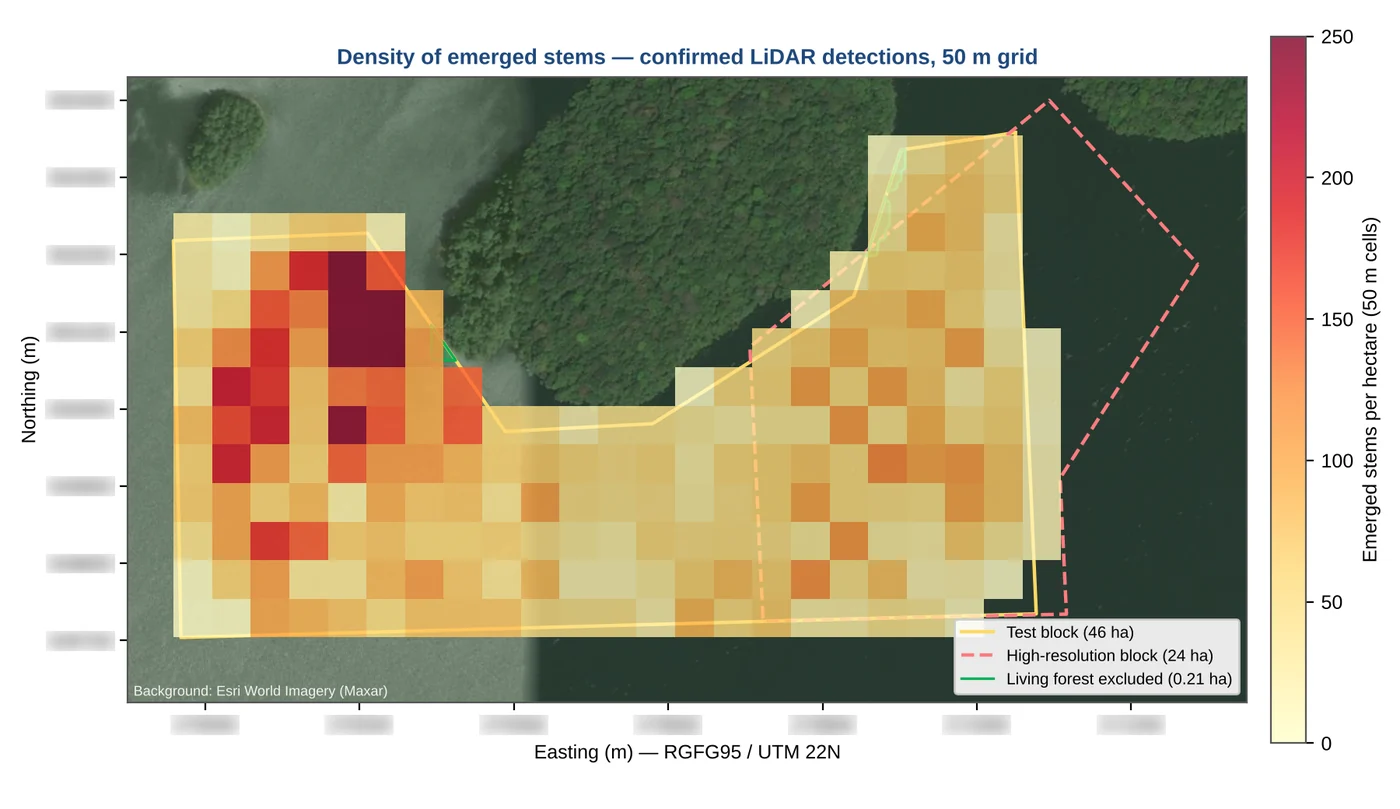 Densité de chicots par hectare sur une grille de 50 m : de 4 à 300 par hectare