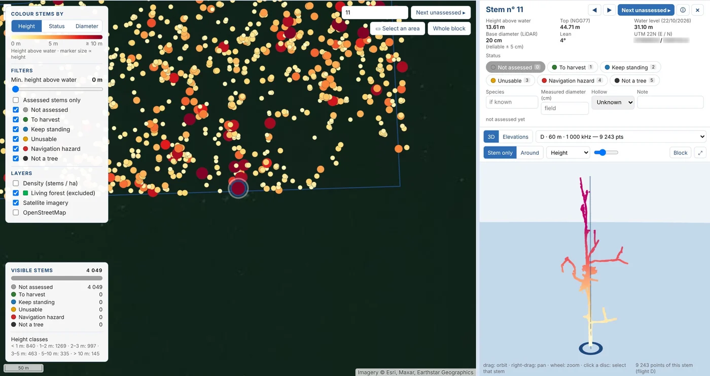 The web page delivered: map, card of the selected stem, 3D view