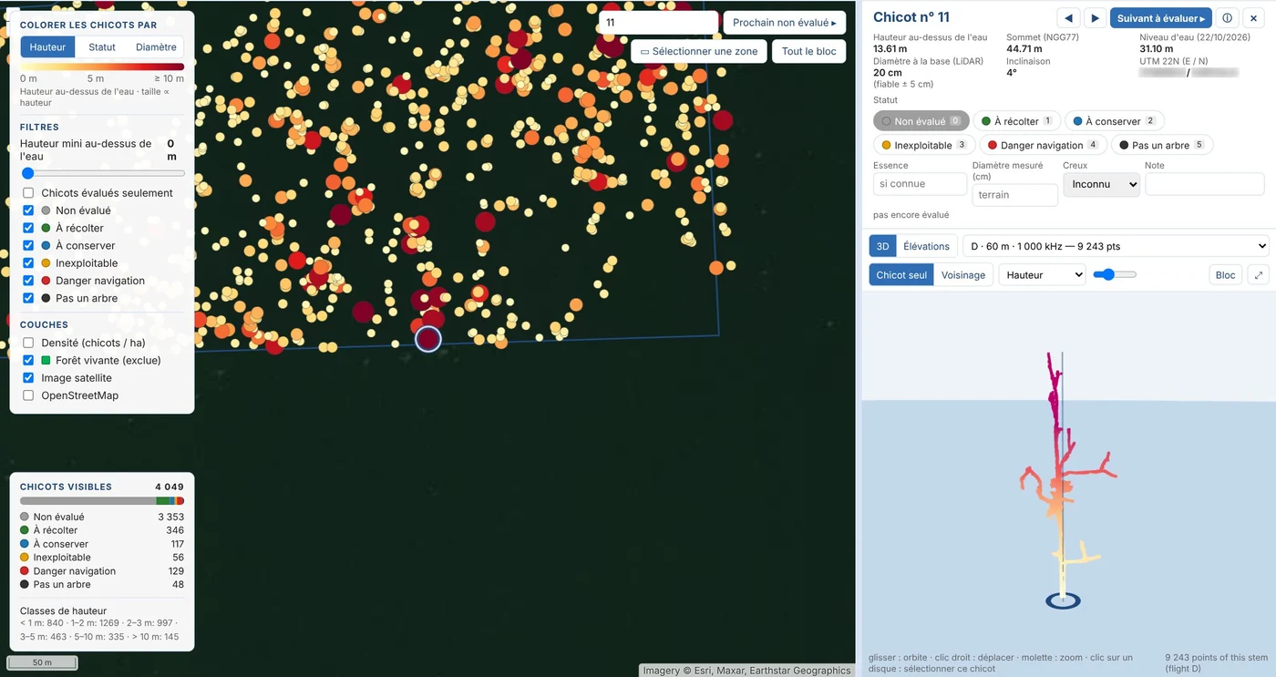 La page web livrée : carte, fiche du chicot sélectionné, vue 3D